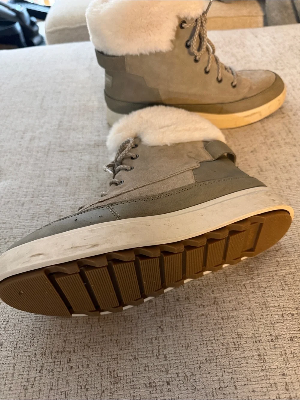 UGG Taupe Suede Lace-Up Winter Boots with Cream Faux Fur Cuff